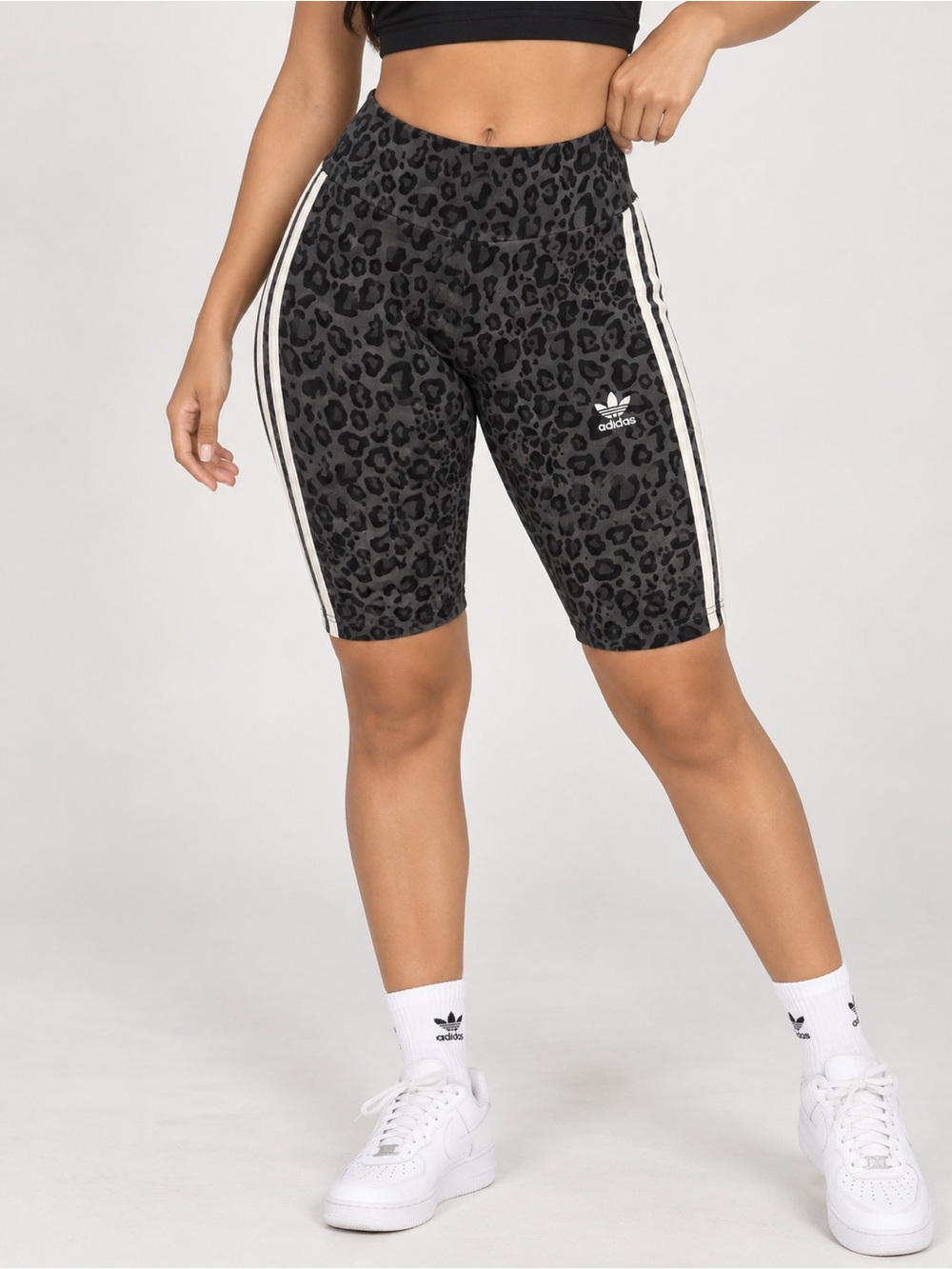 adidas Black Leopard-Print Bike Shorts with White Side Stripes